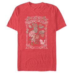 Who's ready for a berry special treat? You are! Enjoy sweet fashion with this officially licensed Strawberry Shortcake I Like You Berry Much Men's Graphic T-Shirt. Your favorite greeting card-turned-pop culture sensation is here to win your heart with fun adventures in Strawberry-land. This awesome tee features a vintage-style design of Strawberry Shortcake and her cat Custard surrounded by strawberry flowers inside a gorgeous frame with the phrase "I Like You Berry Much" printed above them. Red Crew Neck T-shirt, Sweet Red Short Sleeve T-shirt, Red Sweet Crew Neck T-shirt, Sweet Style Red Crew Neck T-shirt, Animated Clothing, Strawberry Flowers, Strawberry Flower, Fun Adventures, Sweet Fashion