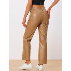 Fit In a straight leg and high waist design, this casual PU pants can better show the curve of your legs and better shape your waistline, making you much sexier and more. Lightweight and breathable faux leather material can add fashion and a classic feel when paired with other outwear. Pair it with jackets, sweaters, T-shirts, vests, camisoles, sports shoes, high heels, plimsolls, and so on, and it can be versatile for daily wear in spring and summer. Brown Faux Leather Straight Leg Pants, Brown Faux Leather Straight Pants, Brown Faux Leather Straight Leg Bottoms, Solid Color High-waisted Faux Leather Pants, Punk Trousers, Brown Full-length Faux Leather Pants, Casual Punk, Jackets Sweaters, Trousers Women Wide Leg