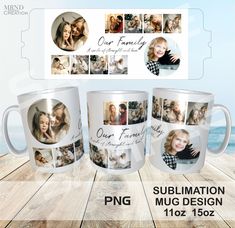 three coffee mugs with photos on them and the words sublimation mug design 1012