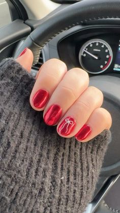 These were done with a red OPI nail color, red chrome and she drew a little bow on ring finger 🥹 Christmas Nails Extra Short, Christmas Nails Regular Polish, Short Christmas Gel Nails Simple, Christmas Nail Polish Ideas Simple, Squoval Christmas Nail Ideas, Red Chrome Nails Short Square, Simple Classy Christmas Nails, Christmas Red Nail Ideas, Red Chrome Nails With Snowflake