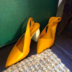 Slight Wear On Bottom - Originally $495 Slingbacks, Yellow Orange, Mustard Yellow, Orange Yellow, Italian Leather, Color Orange, Shoes Women Heels, Mustard, Shoes Heels