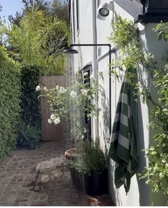 an alley way with plants and umbrellas on the side walk in front of it