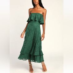 Reposhing This Item I Purchased From @Layneeshea. Loved It, But Too Small On Me. Brand New With Tags! One Shoulder Midi Dress, Strapless Floral Dress, Green Maxi, Strapless Midi Dress, Adhesive Bra, Green Prom Dress, Green Floral Dress, Straight Neckline, Green Midi Dress