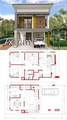 two story house plan with 2 car garage and living room in the front, one bedroom on