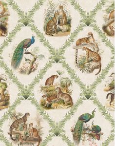 an animal themed wallpaper with many different animals on it's sides, including peacocks and tigers