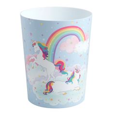 a cup with a unicorn on it and rainbows painted on the outside of it