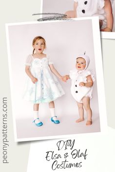 two children in dresses holding hands and standing next to each other with the caption, my 1st & 2nd costumes