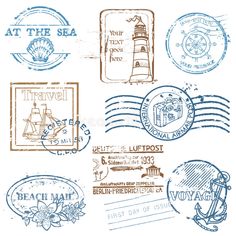 various stamps with the names of different countries and their locations on them, including lighthouses,