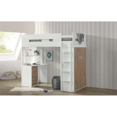 a white loft bed with stairs and desk in the corner, next to a striped wallpapered room