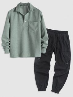 Long Sleeves Popover Shirt And Pants Set - Grafton Collection Casual Solid Sets With Pockets, Casual Long Sleeve Set With Pockets, Casual Leisure Sets With Pockets, Casual Sets With Elastic Waistband For Fall, Casual Drawstring Sets For Spring, Casual Spring Sets With Drawstring, Shirt And Pants Set, Tactical Backpack, Shirt Pant Set