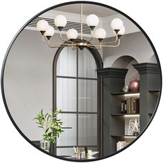 a circular mirror reflecting the interior of a living room with bookshelves and a potted plant