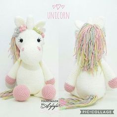 two crocheted unicorns sitting next to each other