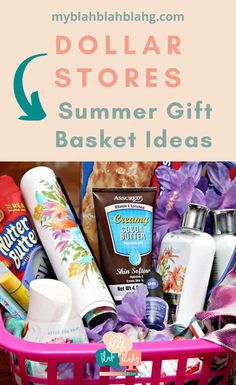 a pink basket filled with lots of different items and the words dollar stores summer gift basket ideas