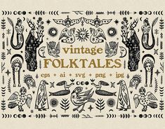 vintage folktales with birds, flowers and other decorative elements in black and white