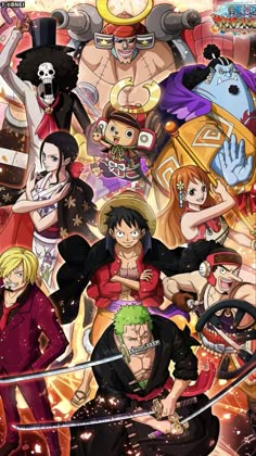 one piece characters are surrounded by many other characters in the background, including an anime character