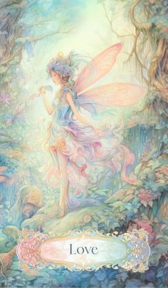 a fairy is standing in the middle of a forest with flowers and butterflies on it