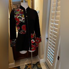 Beautiful Medium Weight Top Or Jacket. Zip Front, Beautiful Vibrant Colors. Never Worn. Excellent Condition Fitted Multicolor Outerwear With Stand Collar, Jacket Tops, Medium Weight, Blazer Suit, Black Red, Suit Jacket, Black And Red, Vibrant Colors, Jackets & Coats