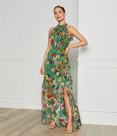 Betsy & Adam Halter Neck Sleeveless Ruffle Front Floral Chiffon Maxi Dress | Dillard's Garden Wedding Dress Guest, Mom Wedding Dress, Event Outfit