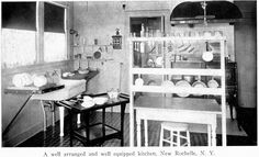 an old fashioned kitchen is shown in this black and white photo from the early 1900's