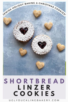 two linzer cookies with heart cut outs and six shortbread hearts. The title says shortbread Linzer cookies. Jewish holiday baking and Christmas cookies. The website ugly duckling bakery dot com is at the bottom. Jewish Cookies, Raspberry Linzer Cookies, Best Shortbread, Chocolate Rugelach, Linzer Cookie, Linzer Cookies Recipe, Lavender Shortbread Cookies, Cookies For Christmas, Almond Shortbread