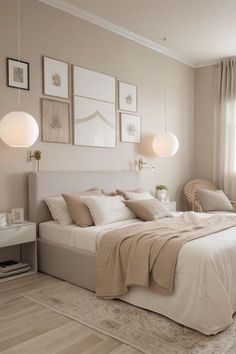 a large bed sitting in a bedroom next to two lamps on either side of it