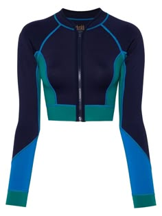 navy blue/multicolour stretch-design colour-block panelled design round neck contrast stitching front zip fastening long sleeves cropped Be mindful to try on swimwear over your own garments. Long Sleeve Swim Top, Koral Activewear, Competitive Swimming Suits, Long Sleeve Swim, Long Sleeve Swimsuit, Navy Green, Navy And Green, Swim Top