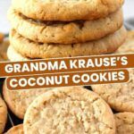 there are cookies stacked on top of each other with the words grandma krause's coconut cookies