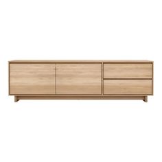 the sideboard is made from wood and has two drawers, one with doors open