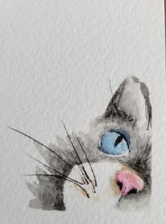 a watercolor painting of a cat's face with blue eyes