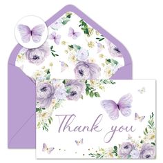 a thank card with purple flowers and butterflies