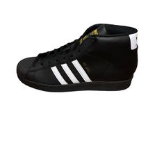 Adidas Pro Model Black And White Men Size 10 Black Leather Adidas High-top Sneakers, Black Leather High-top Sneakers With Adidas Logo, Black Mid-top High-top Sneakers With Branded Insole, Black Mid-top Sneakers With Branded Insole, Adidas Mid-top Leather Basketball Shoes, Mid-top Leather Basketball Shoes With Adidas Logo, Black High-top Skate Shoes With Boost Midsole, Black Sporty High-top Sneakers With Perforated Toe, Adidas Skate Shoes With Abzorb Midsole And White Sole