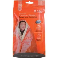 an orange emergency blanket with the hood up