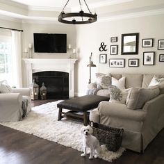 a living room filled with furniture and a dog standing in front of the fire place