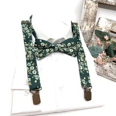 Dark Green Suspenders, Floral Bow Tie, Suspender Bow Tie, Wedding Floral Suspenders, Groomsmen Suspenders, Ring Bearer Outfit - Etsy Dapper Suspenders For Wedding, Dapper Wedding Suspenders, Fitted Suspenders For Groom Suit And Tie Accessories, Dapper Summer Party Suit And Tie Accessories, Green Ring Bearer Outfit, Adjustable Summer Bow Tie For Groom, Adjustable Summer Bow Tie For Grooms, Summer Wedding Bow Tie For Groom, Groom's Bow Tie With Suspenders