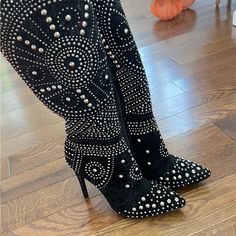 Lola Black Suede Studded Boots 8 1/2 Never Worn Chic Ankle-high Boots With Studded Outsoles, Black Studded High Heel Moto Boots, Studded Leather Knee-high Boots, Studded Leather Ankle-high Heeled Boots, Black Studded Ankle-high Boots, Tan Booties, White Wedges, Studded Boots, Zipper Boots