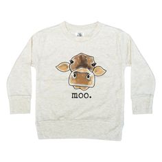 "Moo" Long Sleeve Crew Neck Shirt **No fleece lining Few animals are more universally loved than a cow! All of our children loved making the "moo" sound as toddlers, and continued to be excited every time they saw a cow even as they got older. If your child is the same way, this shirt is a super comfortable way to share it! Sizes available include: 2T, 3T, 4T, 5T, Youth XS (4-6), Youth S (6-8), Youth M (8-10) **Shirts have been reviewed as true to size.  SCROLL DOWN FOR SIZE CHART  WHAT MAKES US DIFFERENT? - Our clothing is inspired by realistic images of the things our kids LOVE. From tractors to chickens to mountains and forests, we strive to create unique illustrations for babies and kids of all ages.  - Our clothing is made with a polyester/cotton blend that is SUPER SOFT and won't shr Family Matching Long Sleeve Tops With Cartoon Print, Cute Unisex Long Sleeve T-shirt, Casual Long Sleeve Tops With Cow Print, Casual Long Sleeve Cow Print Top, Family Matching Long Sleeve Tops For Spring, Spring Family Matching Long Sleeve Tops, Fall Cow Print Cotton Tops, Relaxed Fit Cotton Cow Print Top, Cute Long Sleeve Soft-washed Tops