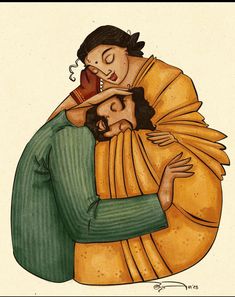 a drawing of two people hugging each other with one holding the other's head