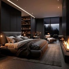 a bedroom with a bed and fireplace in it