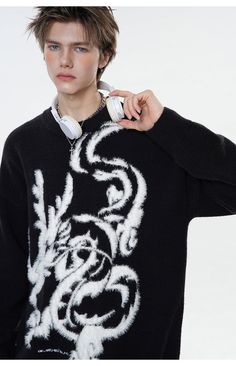 BJHG wool-blend sweater, rib knit crewneck/hem/cuffs, dragon graphic outlined in fleece and logo embroidered at front. Composition - Acrylic, Nylon, Polyester Sizing: US/EU Regular Fit Male Model: 185cm/62kg 6’1/137lbs wearing size XL Female Model: 168cm/45kg 5’6/99lbs wearing size XL Winter Streetwear Sweater With Ribbed Cuffs, Streetwear Jacquard Knit Crew Neck Sweater, Jacquard Knit Crew Neck Sweater For Streetwear, Crew Neck Winter Streetwear Sweater, Winter Jacquard Knit Sweater For Streetwear, Winter Crew Sweater With Ribbed Collar, Crew Neck Sweater With Ribbed Cuffs For Winter, Dragon Sweater, Dragon Graphic