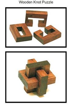 wooden knott puzzles are shown in three different positions, including one on the left and