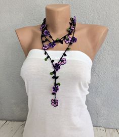 Beaded Crochet Necklace Purple Flower Long Lariat Turkish | Etsy Purple Bohemian Crochet Jewelry, Handmade Bohemian Purple Flower Necklace, Handmade Purple Bohemian Flower Necklace, Handmade Purple Lariat Necklace, Handmade Adjustable Purple Flower Necklace, Bohemian Purple Flower Necklace, Purple Bohemian Flower Necklace, Beaded Crochet Necklace, Crop Top Pattern