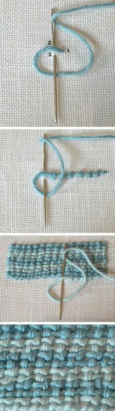 four pictures showing how to crochet the ends of yarn with scissors and knitting needles