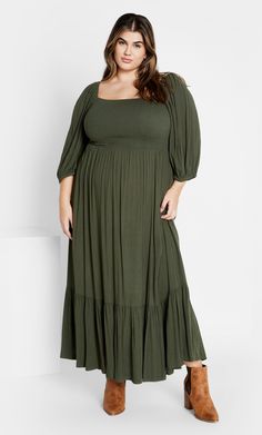 Refresh your wardrobe selection with the Kaylee Maxi Dress. Revealing a shirred bodice to enhance your graceful curves and a relaxed fit to skim over your silhouette, this style is sure to tick all the right boxes in the most functional and aesthetic way! Key Features Include: - Squared neckline - Shirred bodice - Elbow length sleeves with elastic cuff - Pull over style - Functional side pockets - Relaxed fit - Maxi hemline Team with combat boots and a faux leather jacket for a complete ensemble Denim Short Dresses, Midi Slip Dress, Maxi Slip Dress, Plus Size Maxi, Khaki Dress, Faux Leather Jacket, Overall Dress, Chic Woman, City Chic