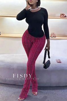 Fisdy - Pantalones pitillo casual de cintura media con detalle de ondulación en color rosa rojizo convencional Conventional Design, Patchwork Trousers, Rose Rouge, Casual Trousers, Patchwork Designs, Drawstring Pants, Color Rosa, Wholesale Fashion, High Waisted Shorts