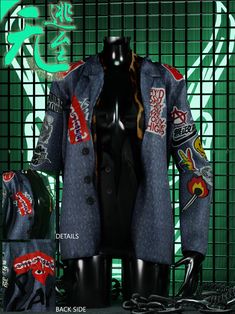 a mannequin wearing a coat with patches on it