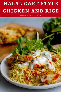 chicken and rice is served on a white plate with parsley garnishes