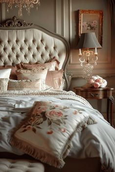 a bedroom with a bed, chandelier and pillows on top of the bed