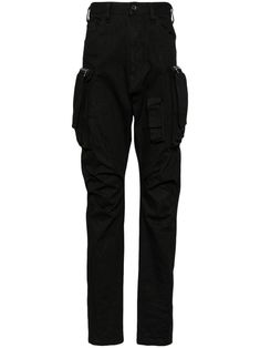 black cotton panelled design ruched detailing belt loops concealed fly and button fastening two side flap pockets two side cargo pockets two rear flap pockets straight hem Techwear Bottoms With Patch Pockets For Work, Black Tapered Leg Jeans With Cargo Pockets, Techwear Pants With Patch Pockets For Work, Techwear Cargo Pants With Multiple Pockets, Techwear Cargo Pants With Flap Pockets For Workwear, Techwear Cargo Jeans For Work With Multiple Pockets, Fitted Cargo Pants With Patch Pockets For Streetwear, Urban Style Tapered Leg Parachute Pants, Urban Style Workwear Pants With Flap Pockets