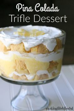 pine colada trifle dessert in a glass dish on a white table with text overlay