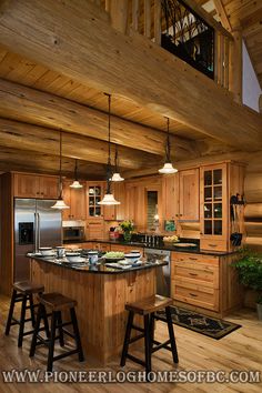 a large kitchen with wooden cabinets and an island in the center, surrounded by stools